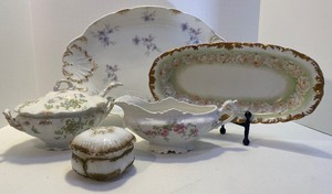 lot 85 image: Porcelain Serving Dishes Including - T&V, HANLEY, MEAKIN AND LIMOGES & Victorian Vanity MILK GLASS Gilt Trinket Jar