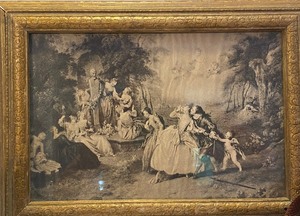 lot 87 image: Antique VICTORIAN Lot Including Mirrored Box w Lithograph Top, Spelter Clock Topper Statue & VTG Kodak Movie Camera