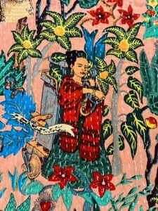 lot 96 image: Vintage FRIDA KAHLO Indian Cotton Beautifully Designed Hand Stitched Bed Coverlet Quilt