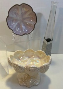 lot 98 image: Vintage LUSTERWARE Pedestal Bowl, Footed Dish and Glass Vase with silver-like accent