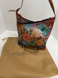 lot 109 image: Anuschka Handpainted Leather Hobo  Shoulder Bag w Butterfly Design w Dustbag