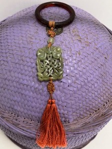 lot 110 image: Vintage Asian Chinese Woven Wedding  Sewing Basket w Carved Jade Tassled Charm