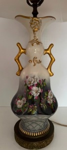 lot 137 image: Vintage Victorian Style URN LAMP with Gold Guilding and Hand Painted Floral Accents
