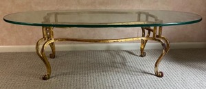 lot 141 image: MCM Mid Century LA BARGE Style Hollwood Regency Gold Gilt Glass Top Coffee Table