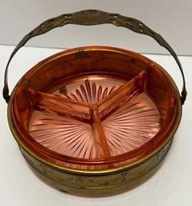 lot 155 image: Vintage APOLLO Brass Handled Pink Depression Glass Divided Candy Serving Dish