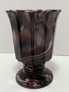 lot 156 image: Antique Victorian Purple & White MALACHITE  SLAG Pressed Glass Pedestal Vase