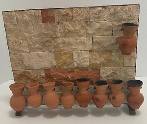 lot 163 image: Vintage Jerusalem Stone MENORAH With Nine Clay Pots - Made in Jerusalem by CABASSO