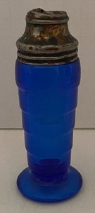 lot 170 image: Vintage COBALT BLUE Ringed Bowl and Plate with Salt and Pepper Shaker