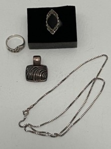 lot 191 image: Vintage STERLING SILVER Jewelry Including 2 Marcasite Rings, a Cable Pendant & a 925 Italy Chain 26.9 grams