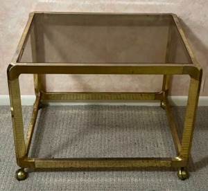 lot 197 image: MCM Mid-Century Modern Brass & Glass Rolling Square Side End Table