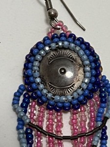 lot 235 image: NATIVE AMERICAN Sterling Silver Medallion Finely Beaded EARRINGS w Leather Backings - Handmade NAVAJO