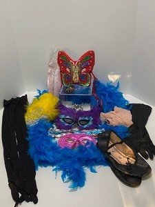 lot 250 image: Vintage COSTUME Lot Including MARDI GRAS Masks, Opera Gloves, Feather Boa, Ballet Slippers and Tights