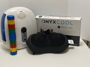 lot 251 image: HOME HEALTHCARE Lot Including Foot Log, Pillow Massager with Heat, Essential Oil Diffuser, and OnyxCool BackHip Wrap