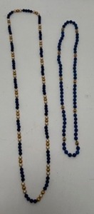 lot 216 image: Lapis Lazuli, Faux Pearls & Goldtone Ribbed Beads Necklace Lot - QTY 2 - Varied Lengths
