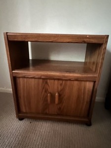 lot 270 image: Vintage Faux Wood Laminate Rolling STORAGE CABINET Retro House Decor