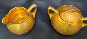 lot 301 image: Vintage PICKARD 22Kt Gold Plated Rose & Daisy Porcelain SUGAR BOWL & CREAMER Germany