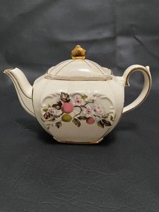 lot 312 image: Vintage Cube SADLER Floral and Golden TEAPOT Made in Staffordshire England