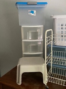 lot 317 image: STORAGE and More with Plastic Organizing Drawers, Storage Totes, Step-Stools, Metal Rolling Cart & Laundry Basket - QTY 11