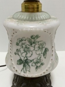 lot 231 image: Vintage HURRICANE LAMP Floral Textured Milk GLass, Missing Shade