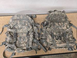 Large lot of ACU MOLLE II items - 2 3-day Assault Packs, 2 Bandoleer ammunition pouch (6 mag), 2 Modular Lightweight Equip Waist Packs, 2 Molded Waistbelts, 2 Hydration Carriers (bladders not included) & 2 Enhanced Shoulder Straps