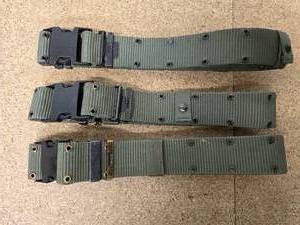 3 OD Equipment belts in excellent condition and 3 new in package Blackhawk S.T.R.I.K.E Single Pistol Magazine Pouches with Speed Clips
