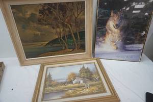 lot 74 image: 3 pictures, Gray wolf, trees, shed