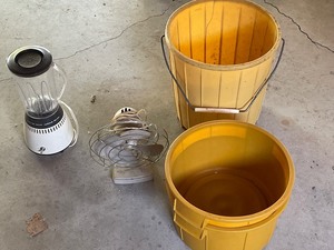 Plastic Pails, Blender, Fan