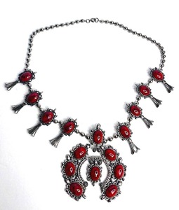 lot 10J image: Navajo Silver and Coral Squash Blossom Necklace (AS-IS)