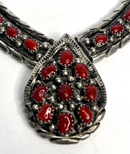 lot 5J image: Vintage Navajo Signed Carlos Sterling and Red Coral Necklace