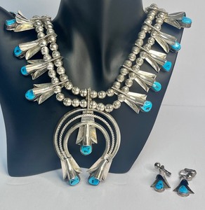lot 1J image: Fatoya Yazzie Navajo Sterling Squash Blossom Necklace and Earring Set