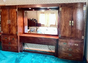 lot 10 image: Vintage Dixie Furniture Act II Headboard With Storage Cabinets