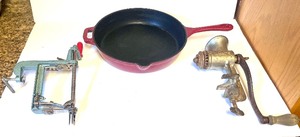 lot 192 image: Cast Iron Pan, Apple Peeler and Meat Grinder