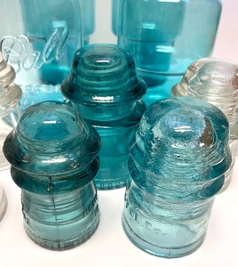 lot 196 image: Vintage Glass Telephone Pole Insulators, Blue Glass and Mason Jar