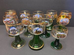 lot 249 image: Vintage Emerald Green Beehive Stem German Souvenir Goblets
