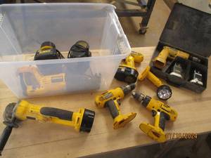 lot 46 image: Tote of DeWalt cordless tools, batt...
