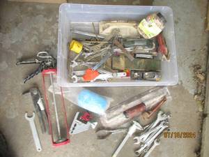 lot 96 image: Tote full of wrenches, a hand plane...