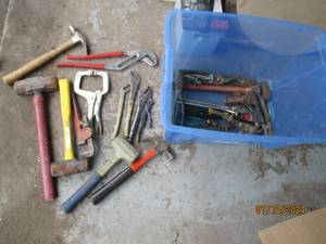 lot 100 image: Tote of wrenches, cutters, pliers m...