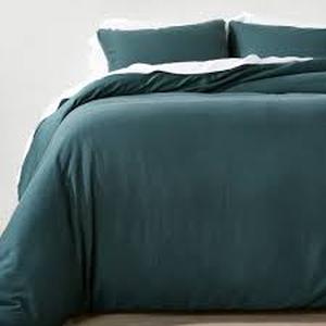 lot 69 image: Heavyweight Linen Blend Duvet Cover & Pillow Sham Set - Casaluna-FullQueen-Dark Teal Blue
