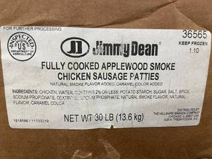 C - Jimmy Dean Fully Cooked Applewood Smoke Chicken Sausage Patties - 30 lbs
