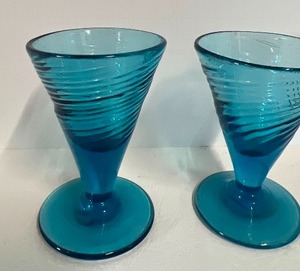 lot 24 image: Artisan crafted Swirled Blue Glass Sherry Glasses - 2 Ounce Lot Of 2