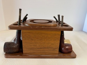 lot 25 image: Vintage Qty 6 Mens PIPES & Tobacco Cannister Holder MCM Wooden Stand