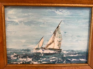 lot 28 image: Miniature Original Oil Painting of a Sailboat on the Sea KAREN THOMPSON Framed