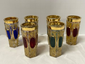 lot 59 image: Antique MOSER GLASS Gold Filigree w Colored Cabochon Cordial  Shot Glasses - Qty 6