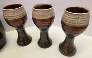 lot 101 image: Studio Art Pottery Wine Carafe & 5 Goblets by Minnesota Potter Lance Hanfler