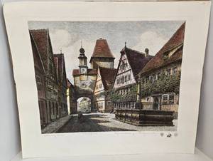 lot 113 image: Vintage Rothenburg Ernst Geissendorfer Colored Etching Print, Signed