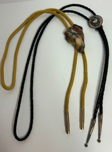 lot 61 image: Vintage American Indian BOLO TIES Silver Disc, Petrified Wood, Turquoise & More