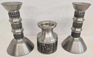 lot 128 image: 3 Vintage Norwegian Engraved Pewter Candlesticks