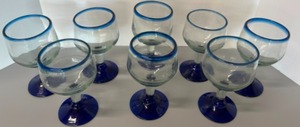 lot 77 image: Vintage MEXICAN Handblown Blue Rimmed Margarita Goblet Glasses- Qty 8