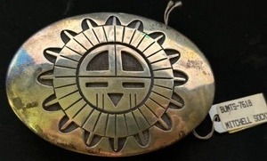 lot 5 image: New w Tag MITCHELL SOCKYMA Hopi Indian Sun Man Face Solid Sterling Belt Buckle 59 Grams