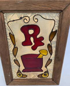 lot 108 image: Vintage RX Pharmacy Stained Glass Mortar & Pestle